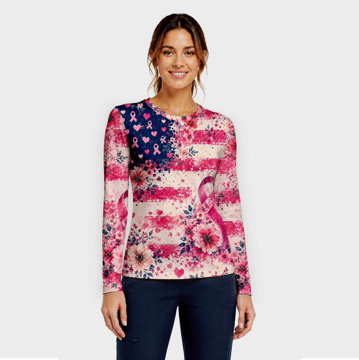 Breast Cancer Awareness Floral Ribbon Underscrub, Long Sleeve Shirt for Nurses