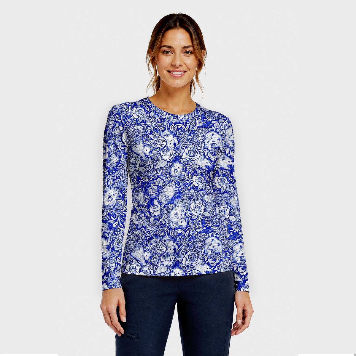 Blue Floral Opossum and Roses Underscrub, Long Sleeve Shirt for Nurses