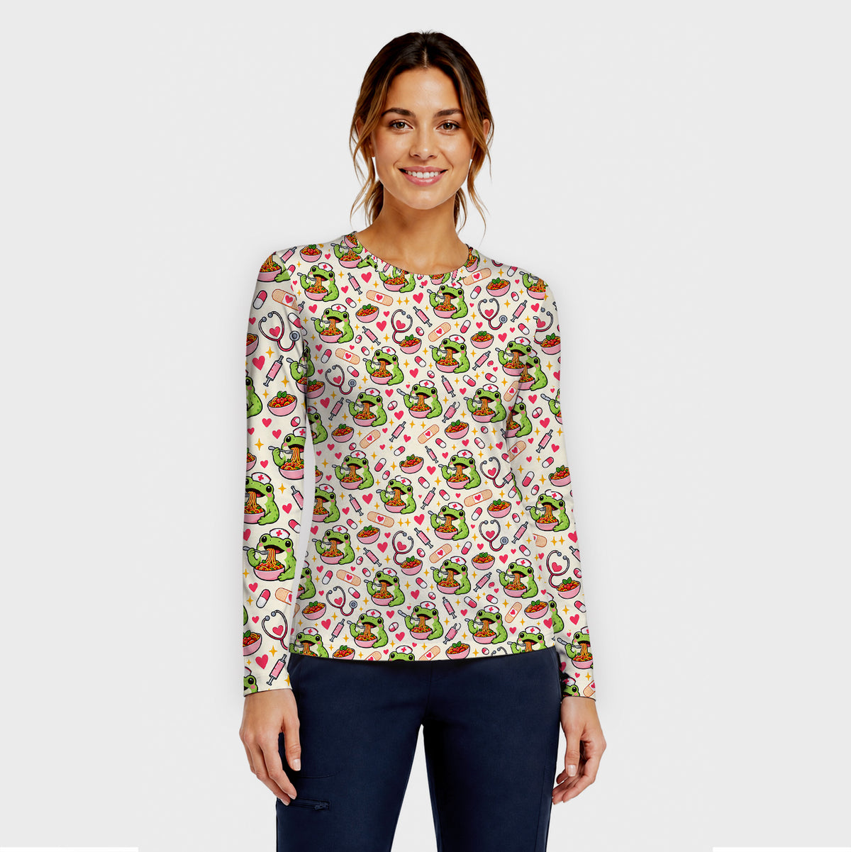 Cute Nurse Frogs Eating Noodles Pattern Underscrub, Long Sleeve Shirt for Nurses