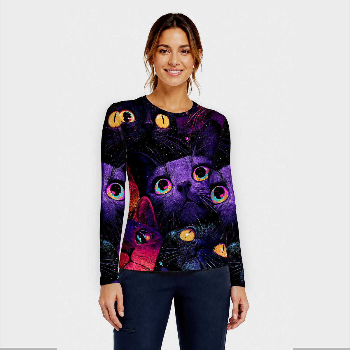 Colorful Neon Cat Faces Underscrub, Long Sleeve Shirt for Nurses