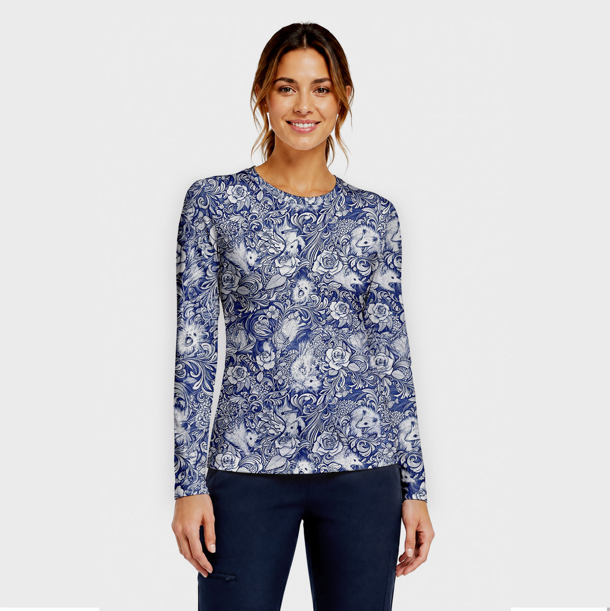 Blue Floral Opossum and Roses Underscrub, Long Sleeve Shirt for Nurses
