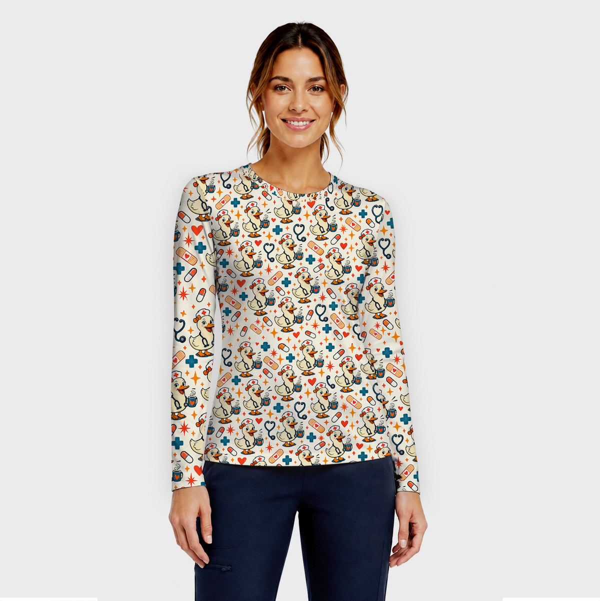 Cute Nurse Duck With Coffee Underscrub, Long Sleeve Shirt for Nurses