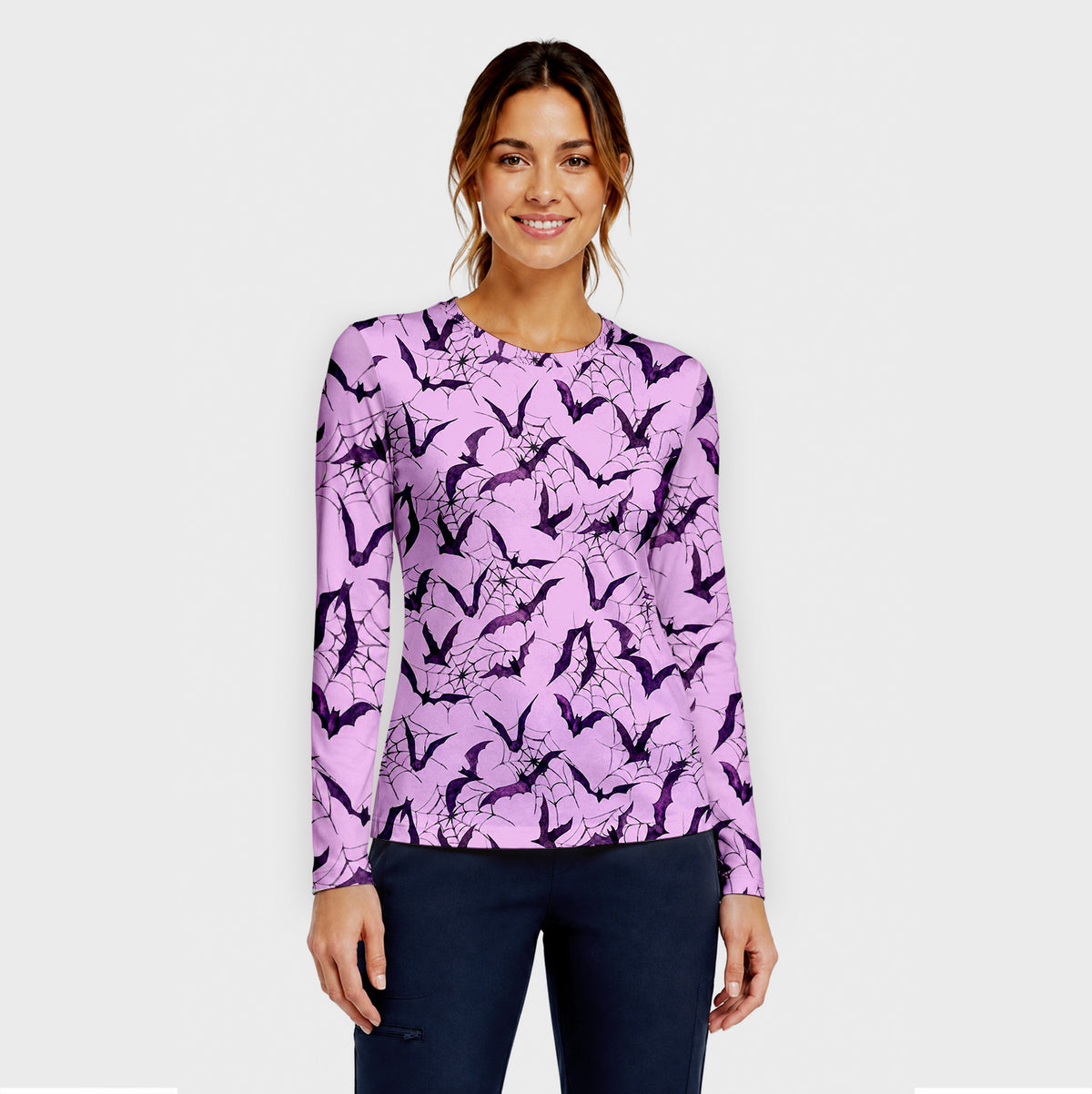 Halloween Bat with Spider Web Underscrub, Long Sleeve Shirt for Nurses