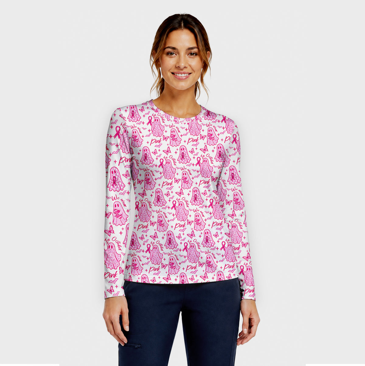 Pink October Ghost Underscrub, Long Sleeve Shirt for Nurses