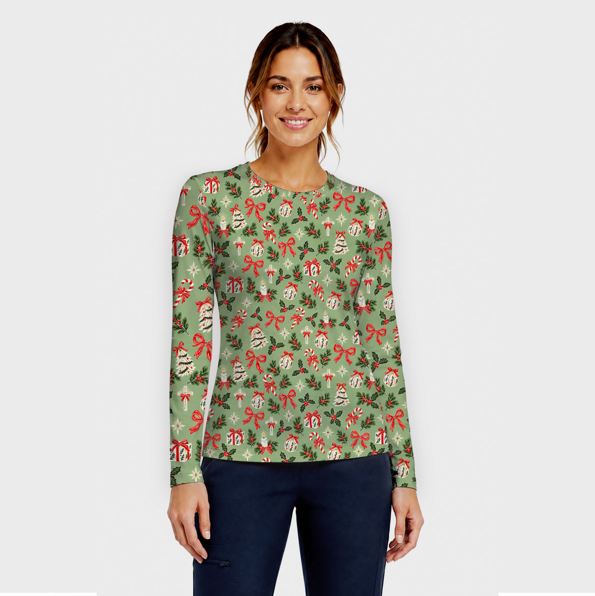 Christian Christmas Bows And Holly Underscrub, Long Sleeve Shirt for Nurses