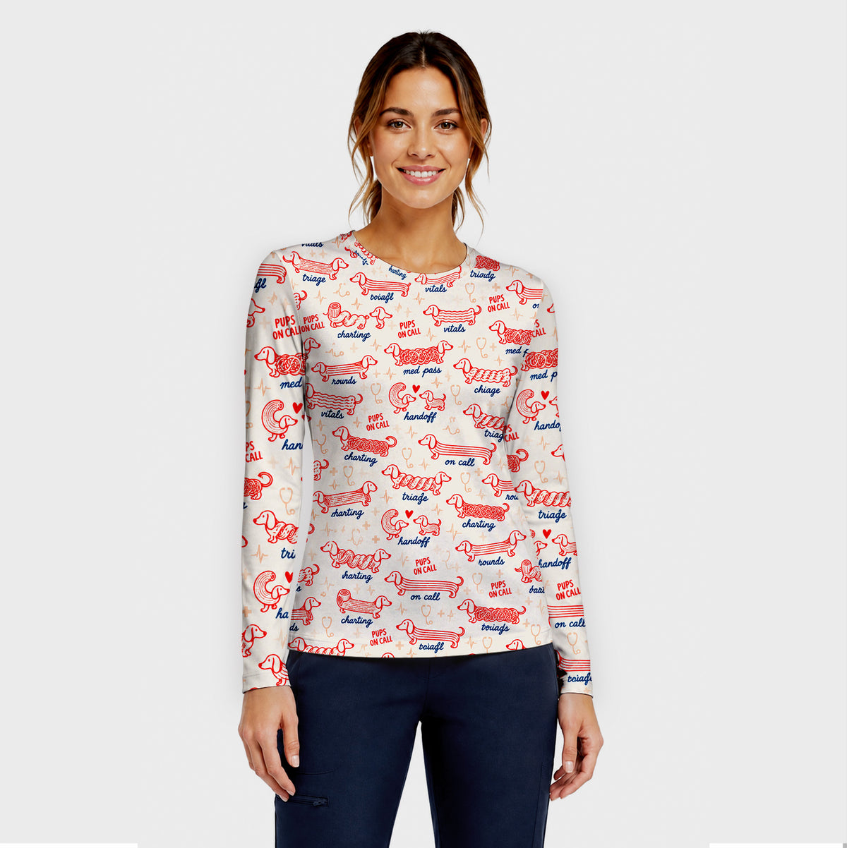 Cute Pups On Call Dachshund Pattern Underscrub, Long Sleeve Shirt for Nurses