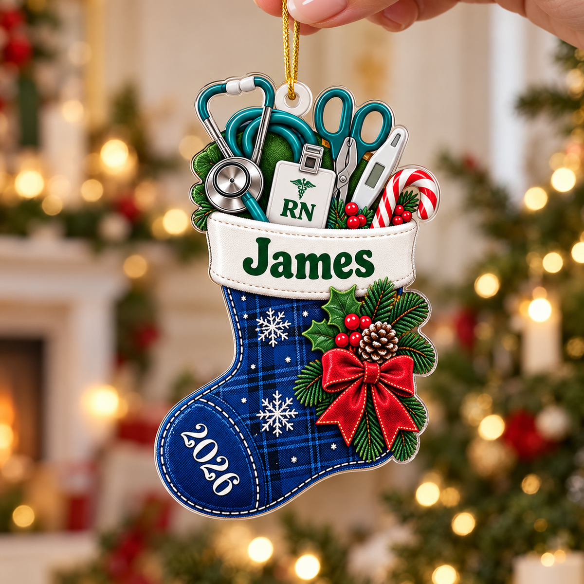 Personalized Nurse Stocking Acrylic Ornament – Custom Name & Year Christmas Gift