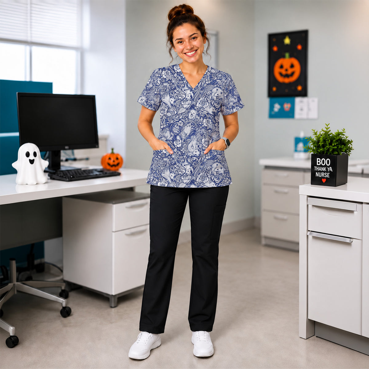Blue Floral Opossum and Roses Scrub Top, Comfortable Scrubs for Nurses