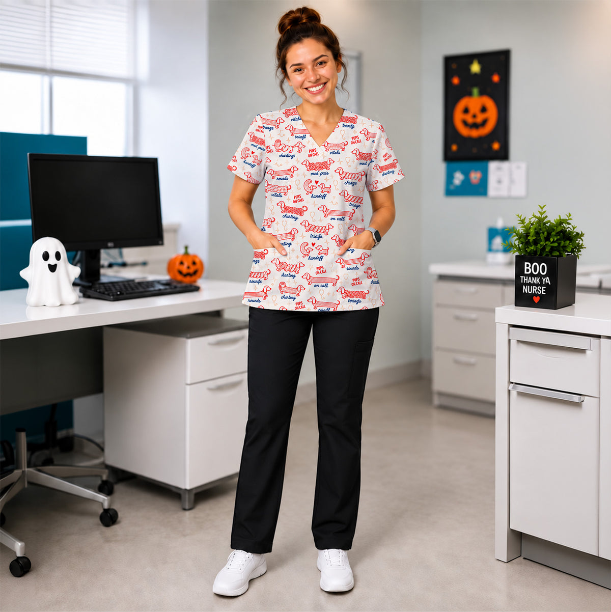 Cute Pups On Call Dachshund Pattern Scrub Top, Comfortable Scrubs for Nurses