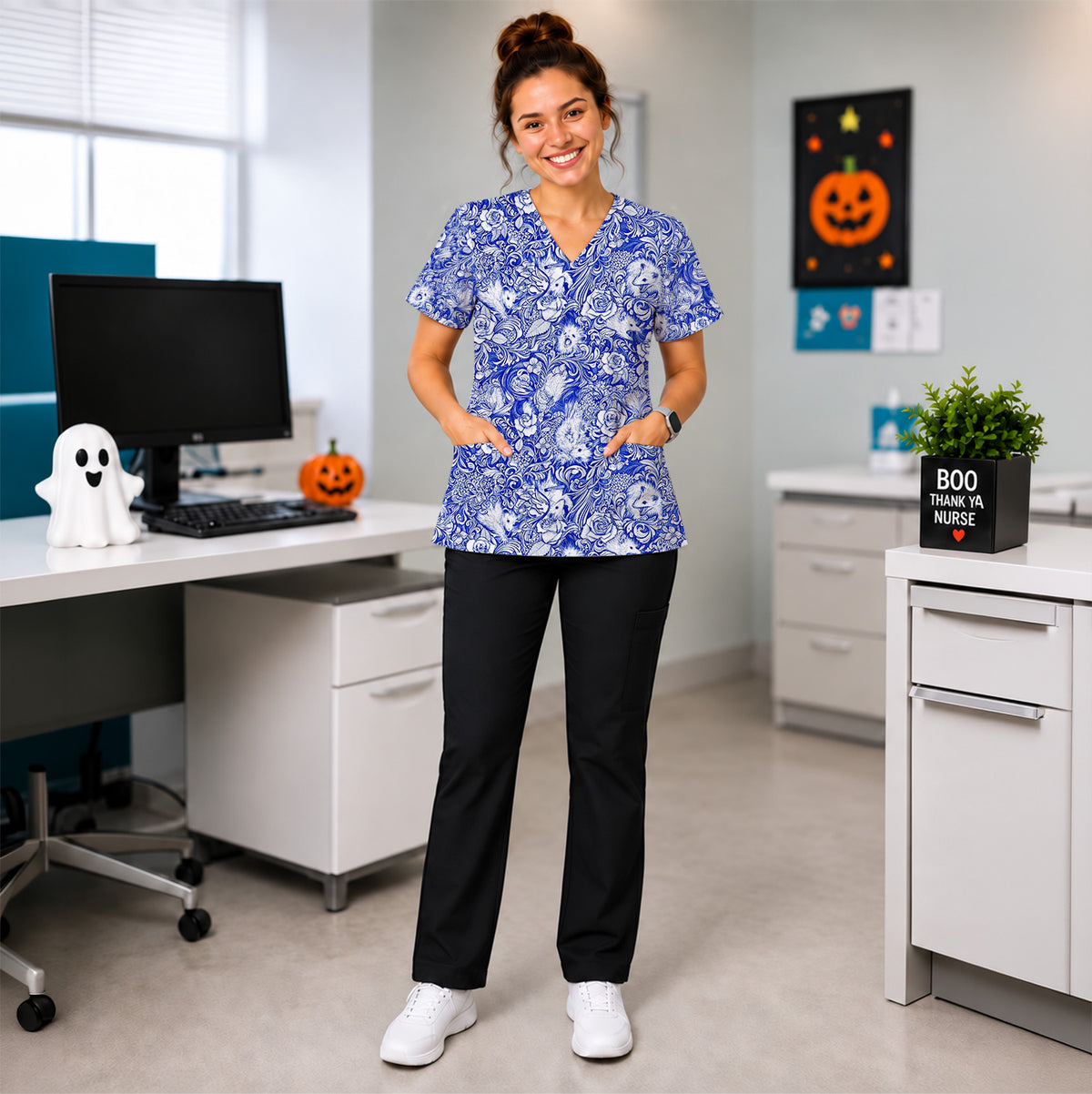 Blue Floral Opossum and Roses Scrub Top, Comfortable Scrubs for Nurses