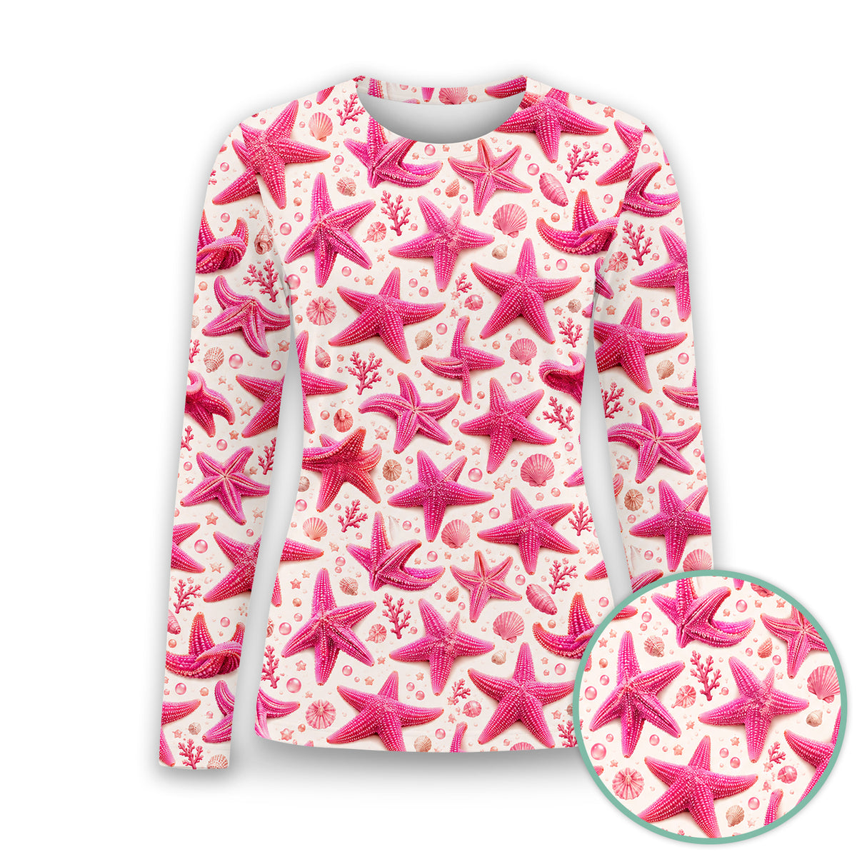 Pink Starfish And Seashell Pattern Underscrub, Long Sleeve Shirt for Nurses