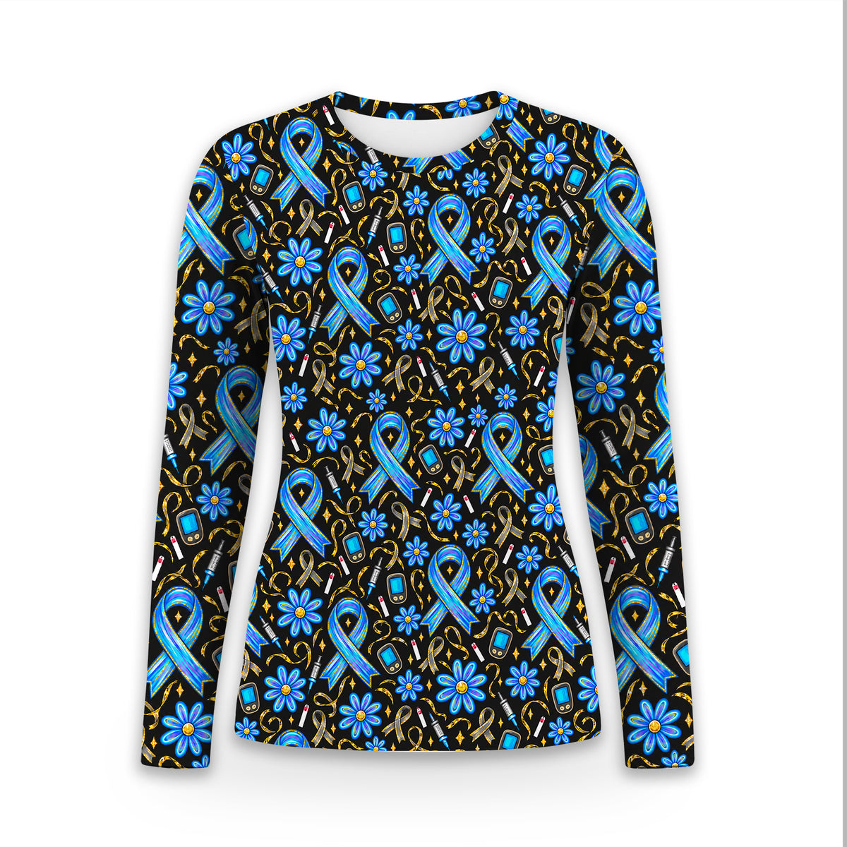 Diabetes Awareness Ribbon Pattern Underscrub, Long Sleeve Shirt for Nurses