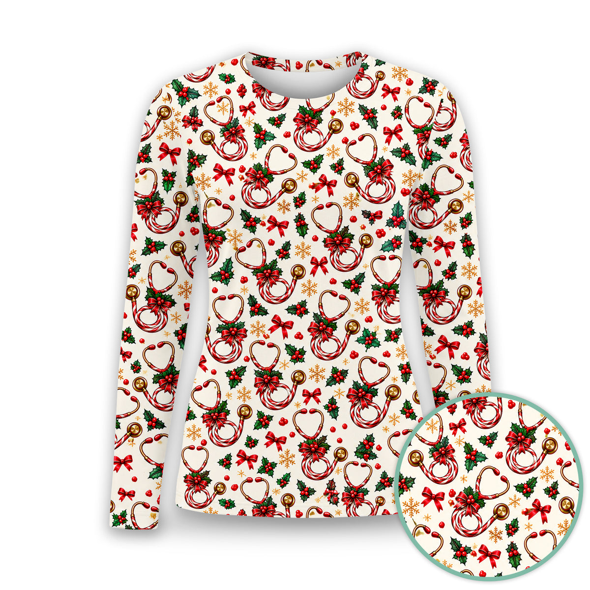 Christmas Candy Cane Stethoscope Pattern Underscrub, Long Sleeve Shirt for Nurses