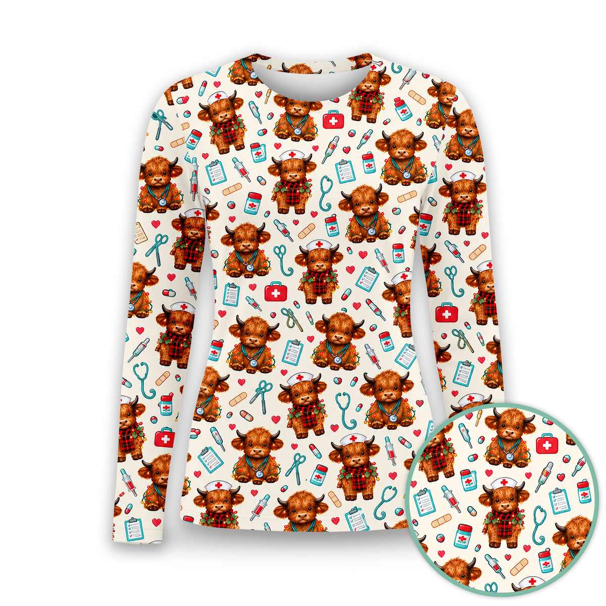 Cute Christmas Highland Cow Nurse Underscrub, Long Sleeve Shirt for Nurses