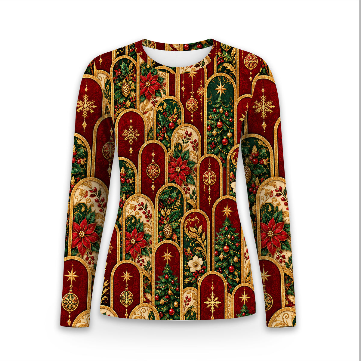 Elegant Christmas Poinsettia Gold Arch Pattern Underscrub, Long Sleeve Shirt for Nurses
