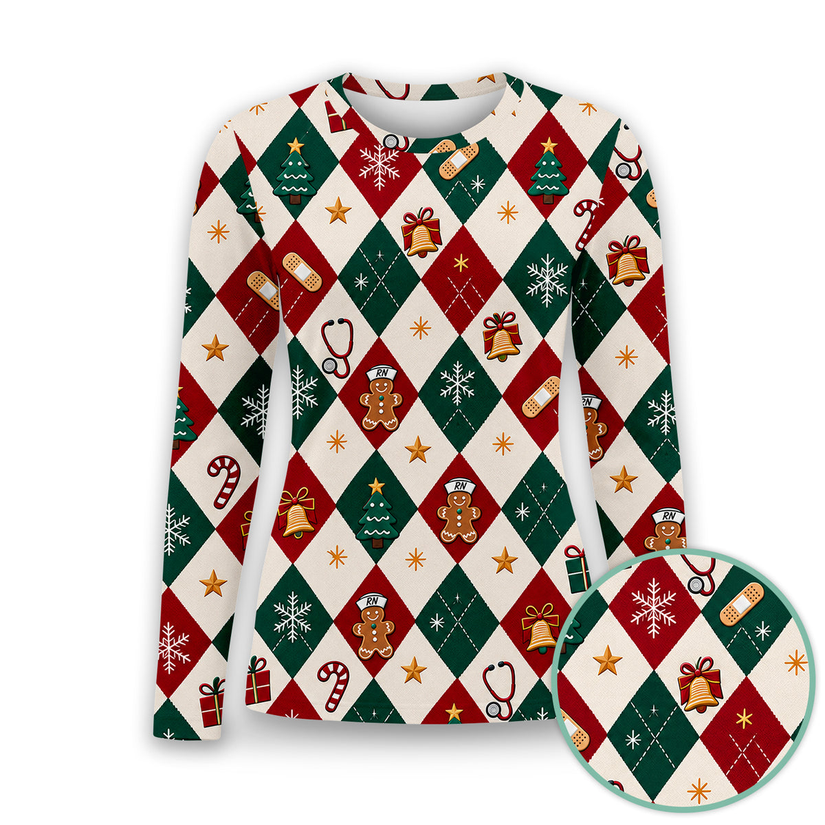 Christmas Gingerbread Nurse Argyle Underscrub, Long Sleeve Shirt for Nurses