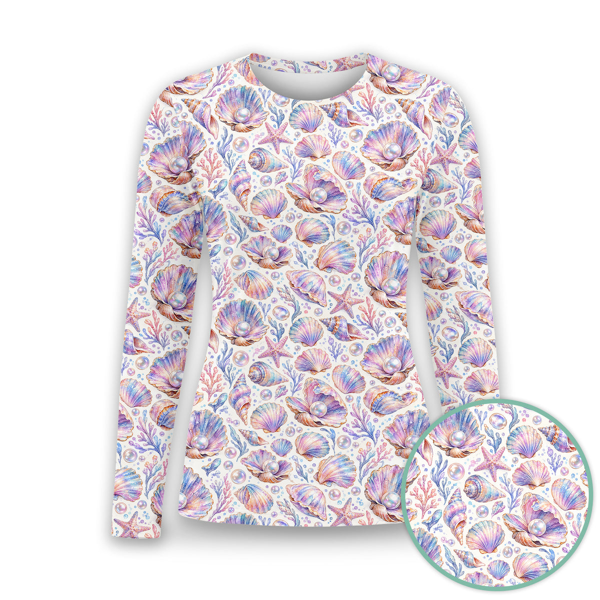 Pastel Seashell And Pearl Pattern Underscrub, Long Sleeve Shirt for Nurses