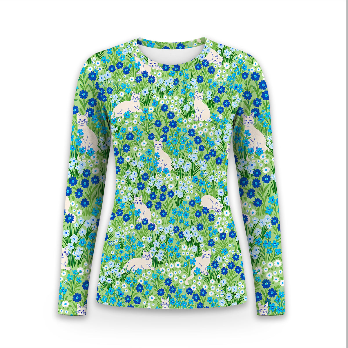 Cute White Cats And Blue Wildflowers Underscrub, Long Sleeve Shirt for Nurses