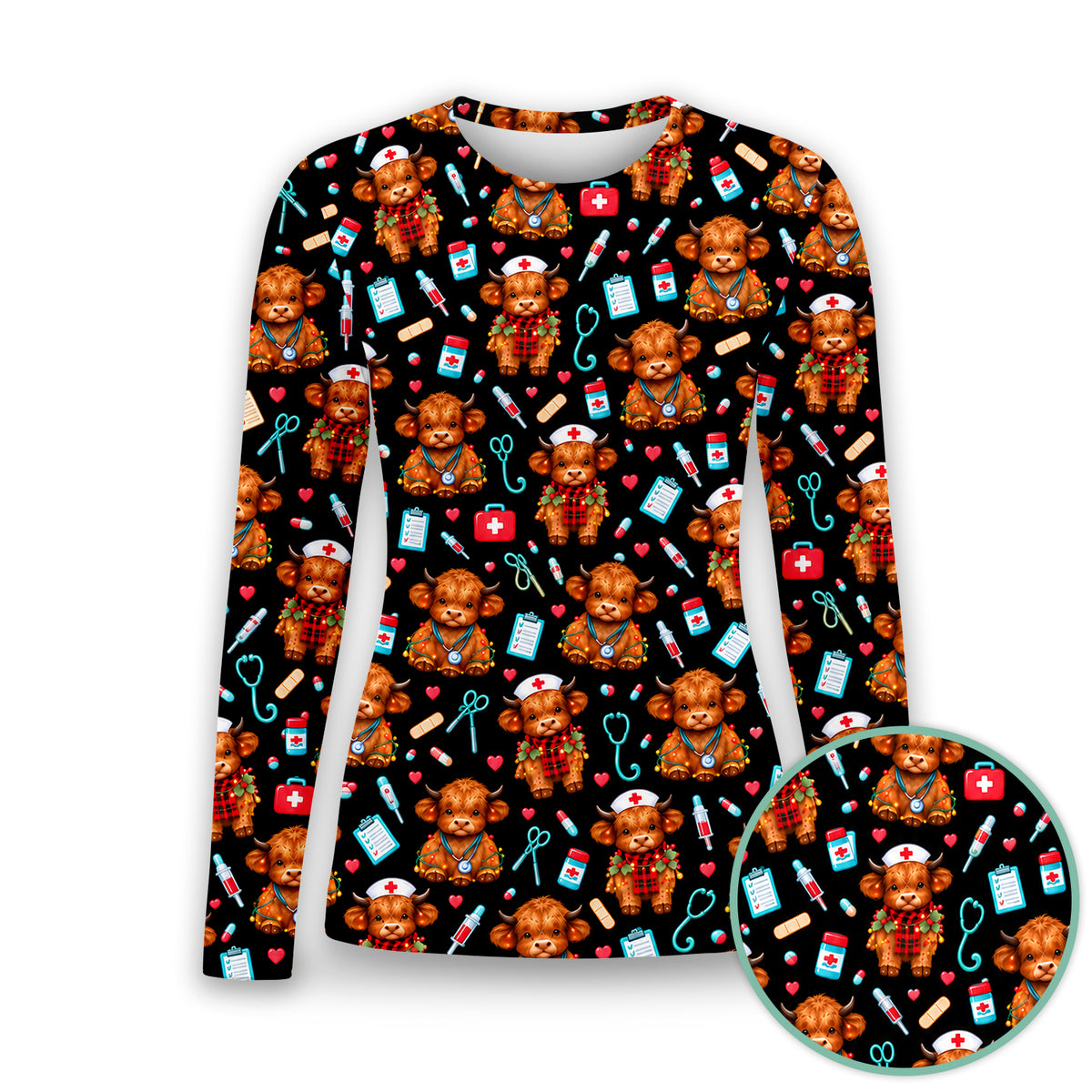 Cute Christmas Highland Cow Nurse Underscrub, Long Sleeve Shirt for Nurses