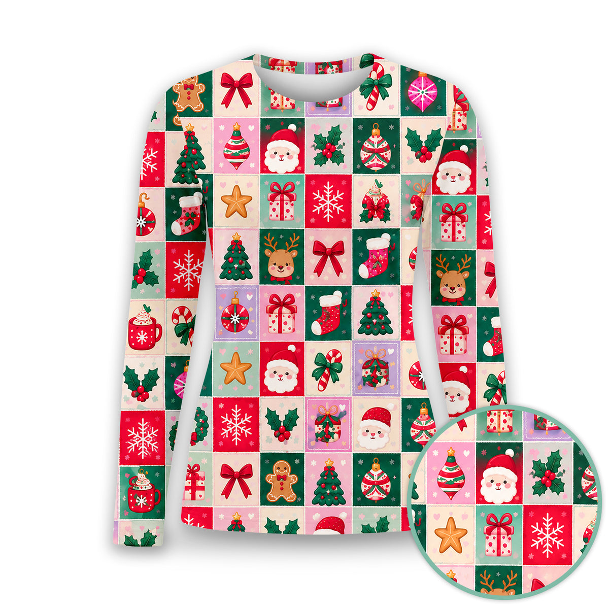 Cute Christmas Santa Patchwork Underscrub, Long Sleeve Shirt for Nurses