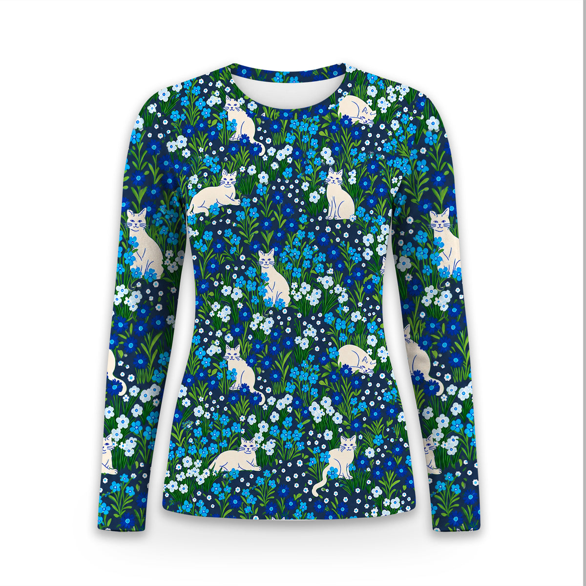 Cute White Cats And Blue Wildflowers Underscrub, Long Sleeve Shirt for Nurses