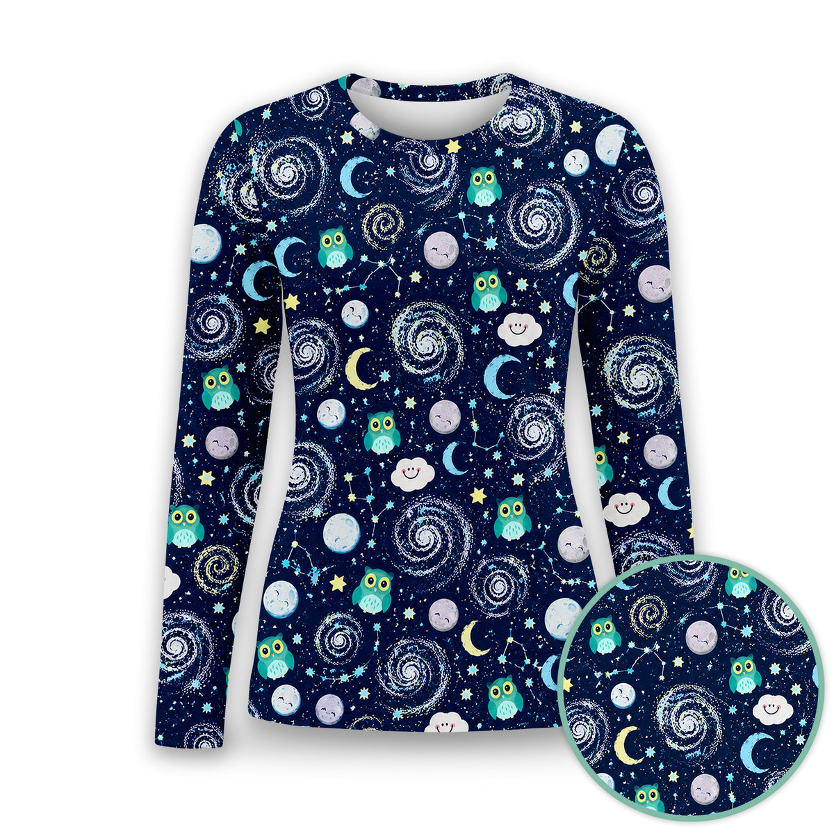 Cute Night Owl Galaxy Pattern Underscrub, Long Sleeve Shirt for Nurses