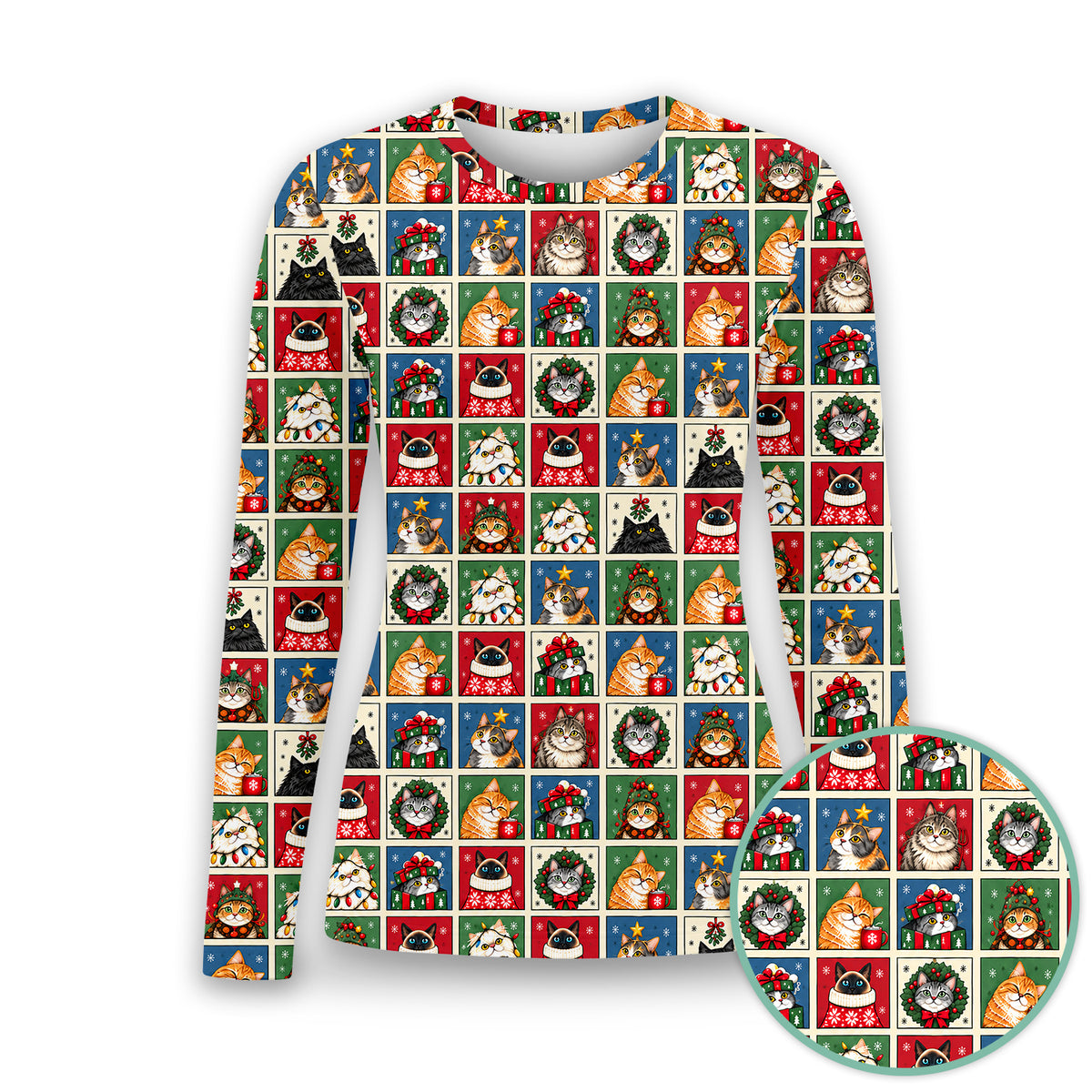 Cute Christmas Cat Patchwork Underscrub, Long Sleeve Shirt for Nurses