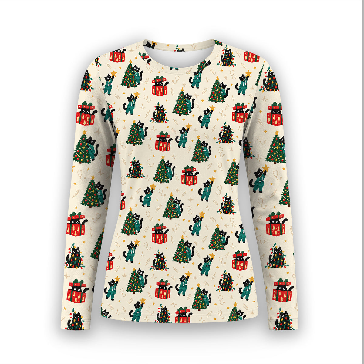 Christmas Black Nurse Cats And Trees Underscrub, Long Sleeve Shirt for Nurses