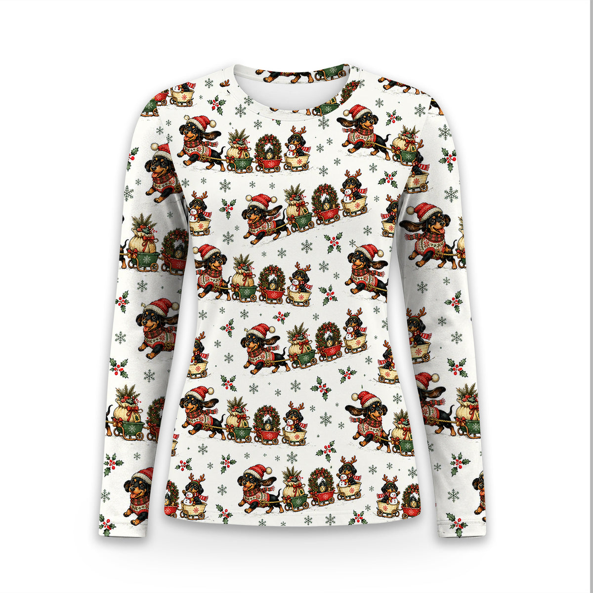 Christmas Dachshund Wagon Train Underscrub, Long Sleeve Shirt for Nurses