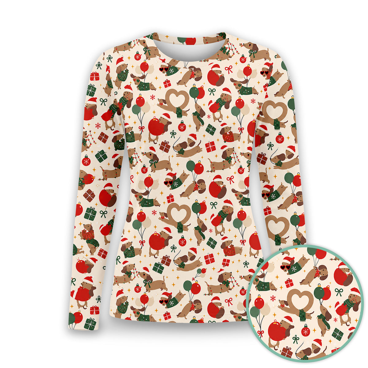 Cute Christmas Dachshund Pattern Underscrub, Long Sleeve Shirt for Nurses