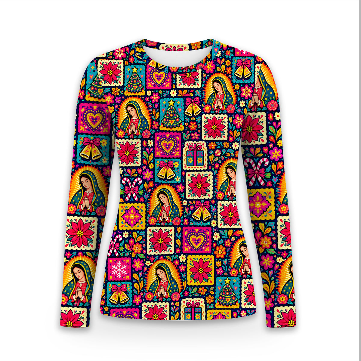 Our Lady of Guadalupe Christmas Folk Art Pattern Underscrub, Long Sleeve Shirt for Nurses