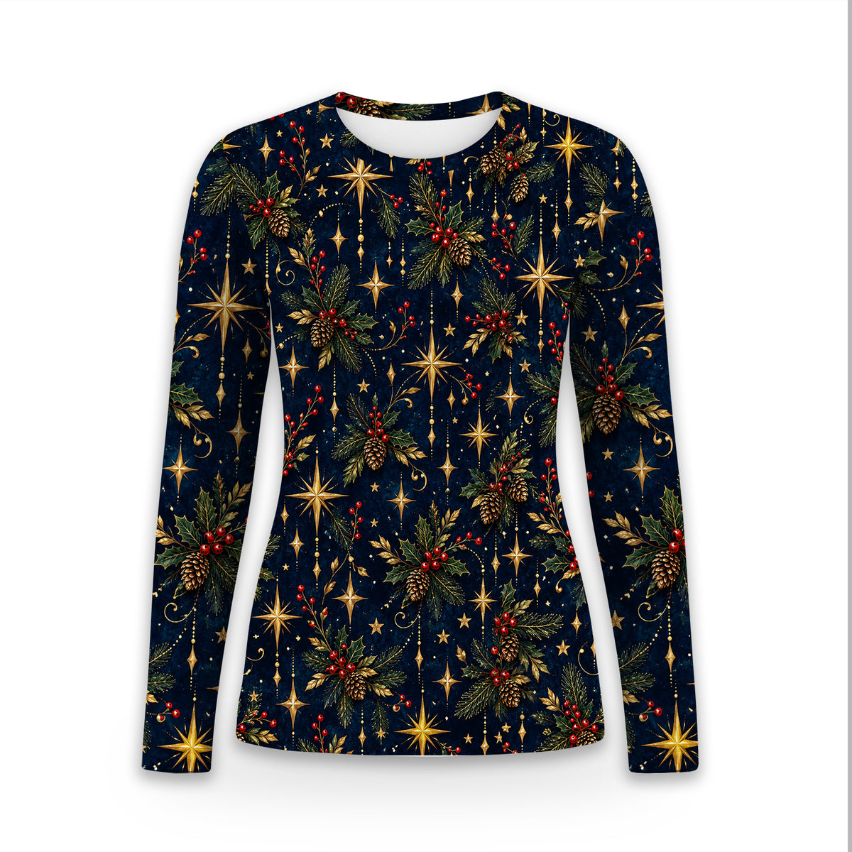 Elegant Christmas Gold Stars and Pinecones Pattern Underscrub, Long Sleeve Shirt for Nurses