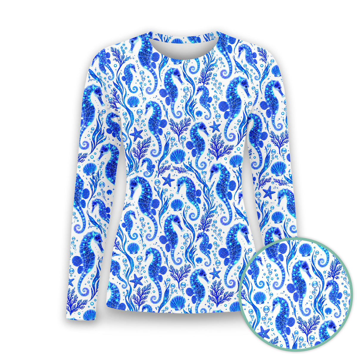 Blue Ocean Seahorse Pattern Underscrub, Long Sleeve Shirt for Nurses