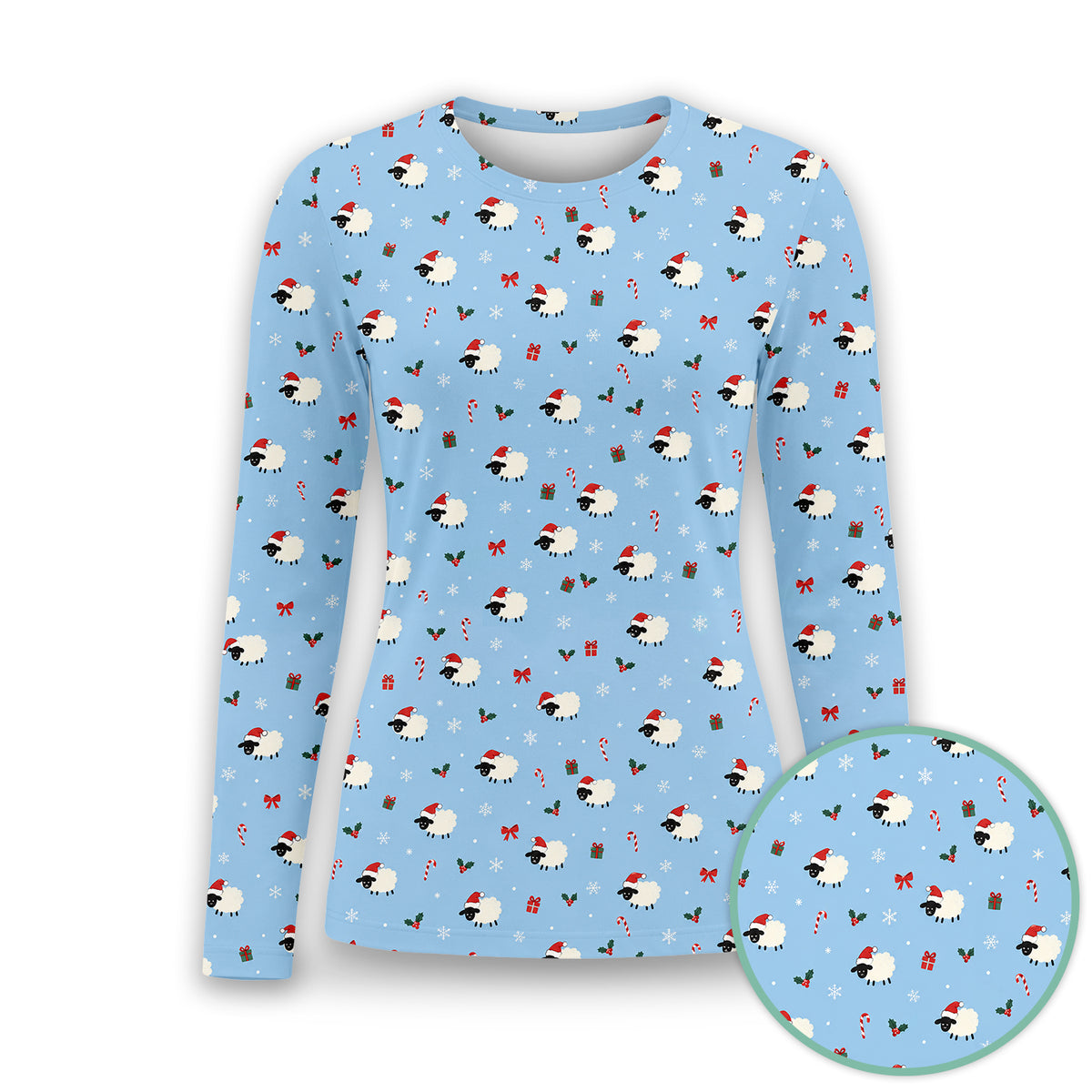 Cute Christmas Sheep Pattern Underscrub, Long Sleeve Shirt for Nurses