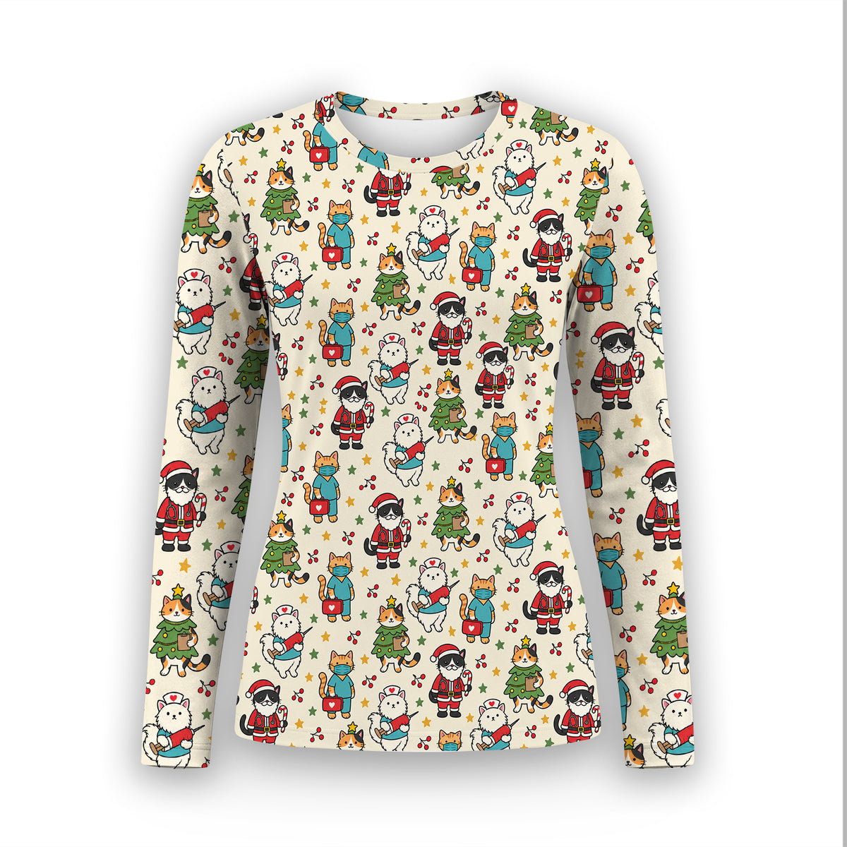 Christmas Cats In Nurse And Santa Outfits Underscrub, Long Sleeve Shirt for Nurses