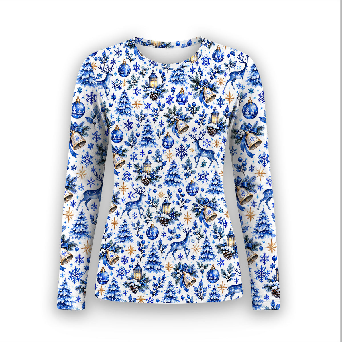 Blue Christmas Reindeer And Winter Trees Underscrub, Long Sleeve Shirt for Nurses