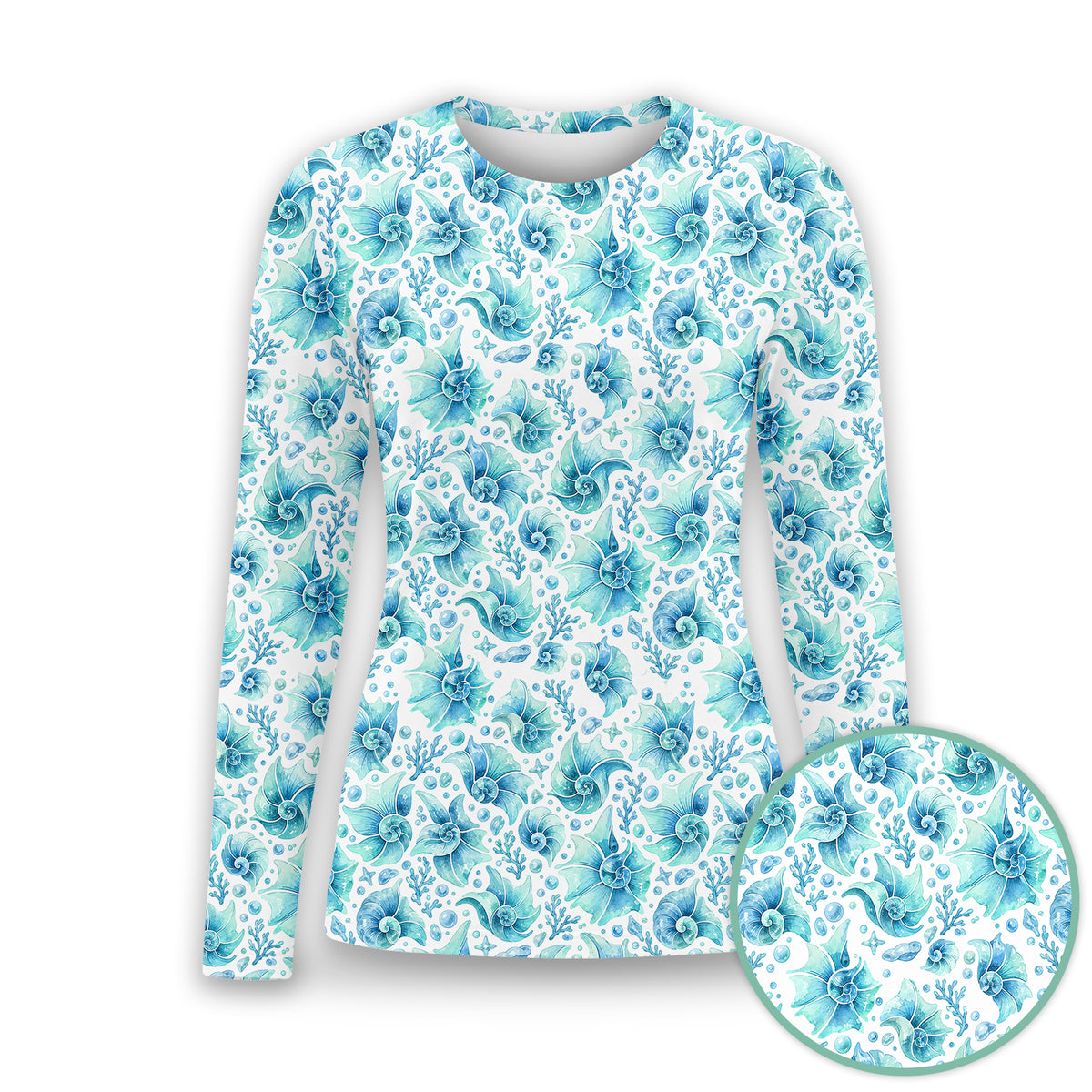 Blue Watercolor Seashell Pattern Underscrub, Long Sleeve Shirt for Nurses