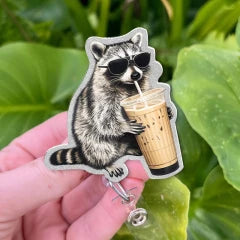 Funny Raccoon Coffee Nurse Badge Reel