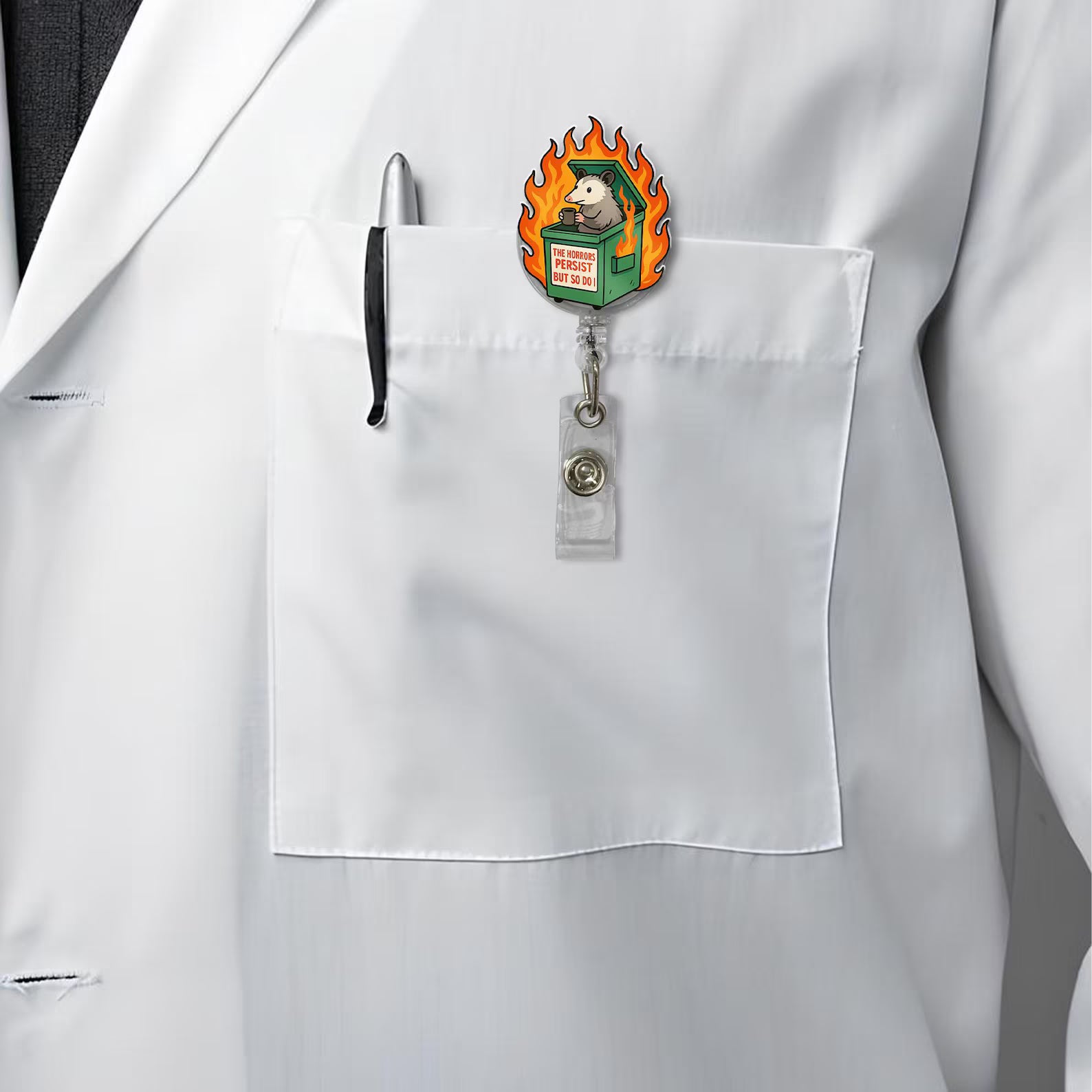 Funny Possum Badge Reel: Sarcastic Dumpster Fire ID Clip, Gift For Nurse