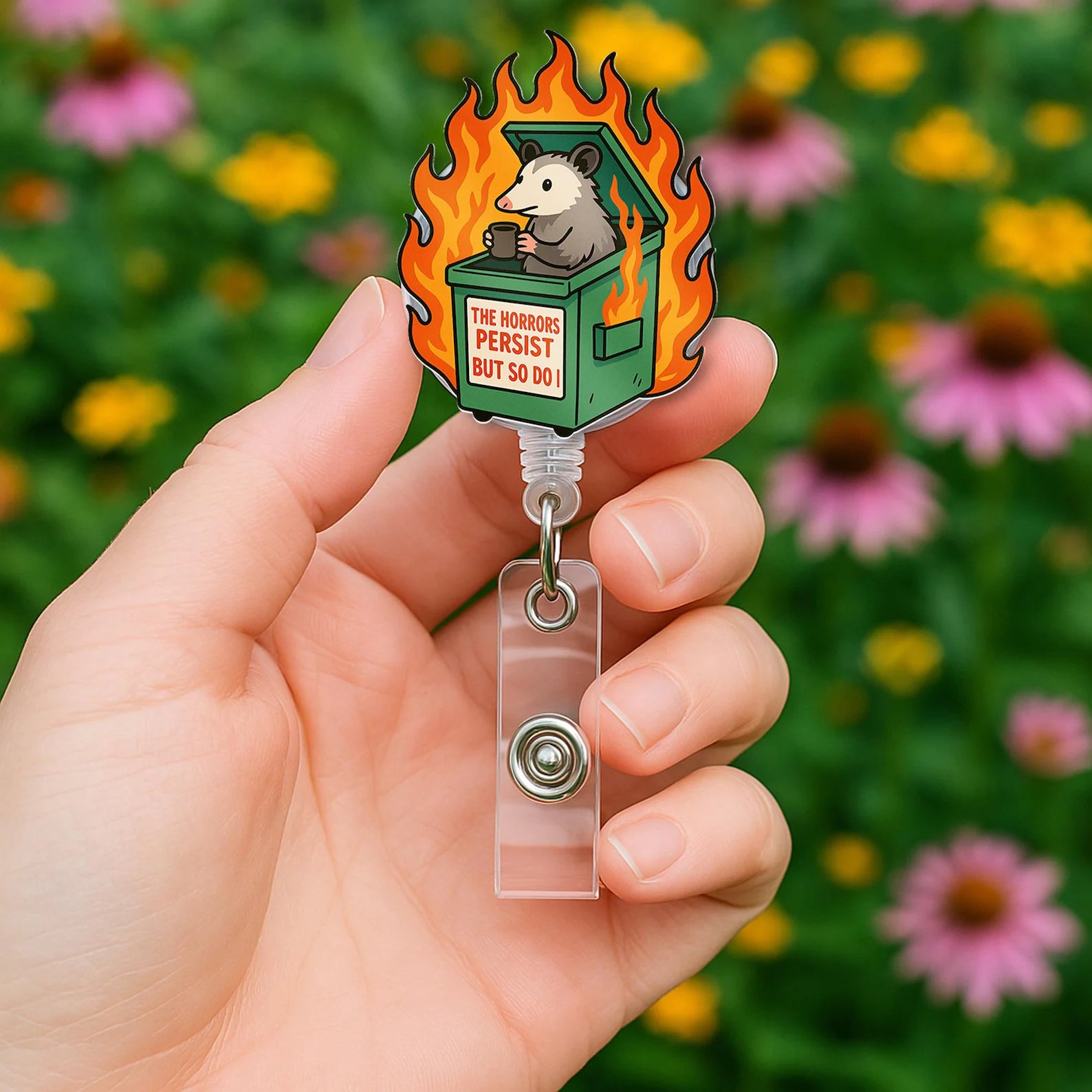 Funny Possum Badge Reel: Sarcastic Dumpster Fire ID Clip, Gift For Nurse
