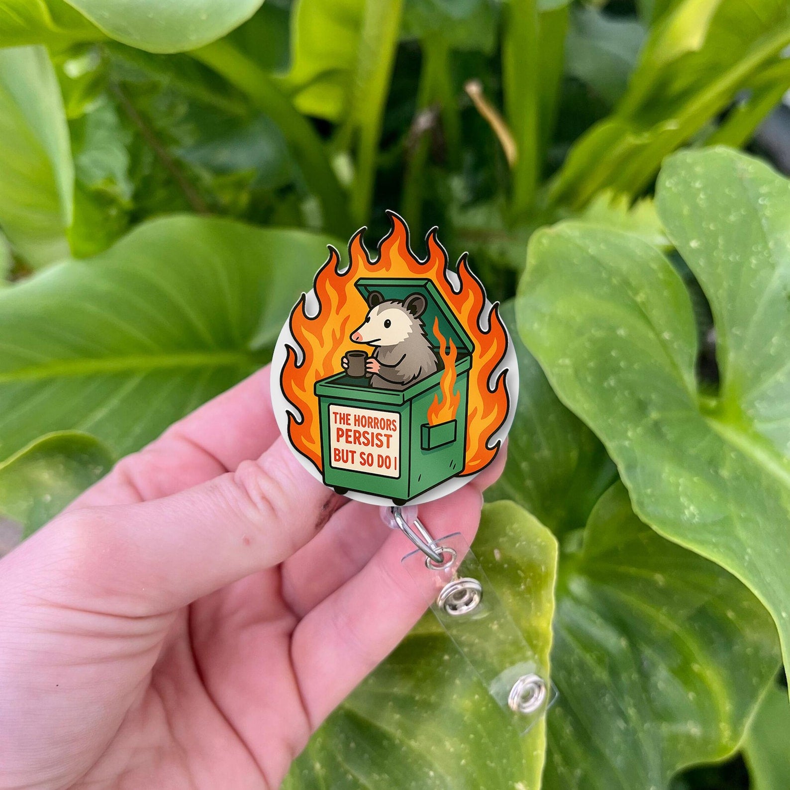 Funny Possum Badge Reel: Sarcastic Dumpster Fire ID Clip, Gift For Nurse