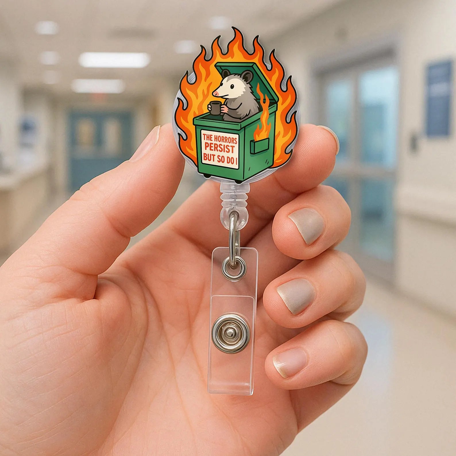 Funny Possum Badge Reel: Sarcastic Dumpster Fire ID Clip, Gift For Nurse