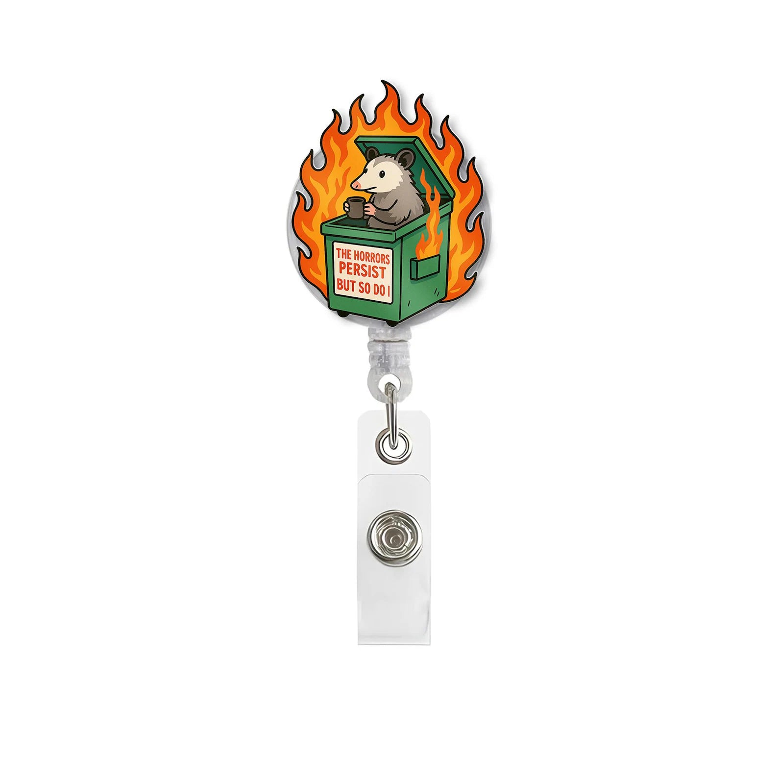 Funny Possum Badge Reel: Sarcastic Dumpster Fire ID Clip, Gift For Nurse