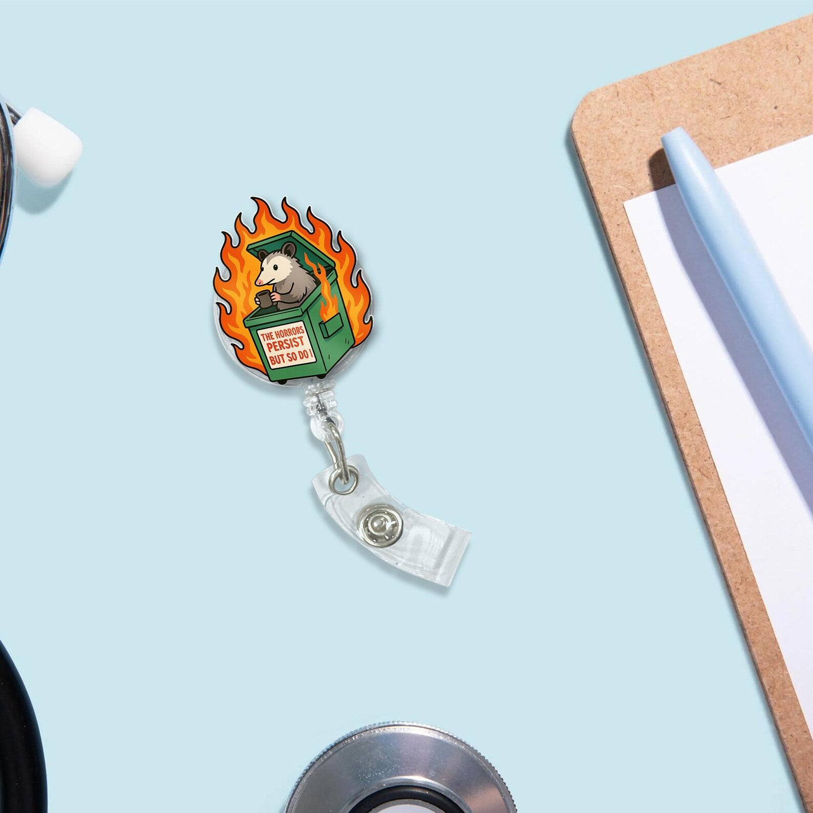 Funny Possum Badge Reel: Sarcastic Dumpster Fire ID Clip, Gift For Nurse