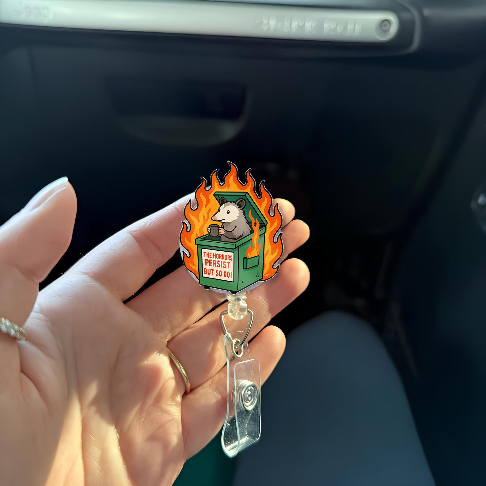 Funny Possum Badge Reel: Sarcastic Dumpster Fire ID Clip, Gift For Nurse