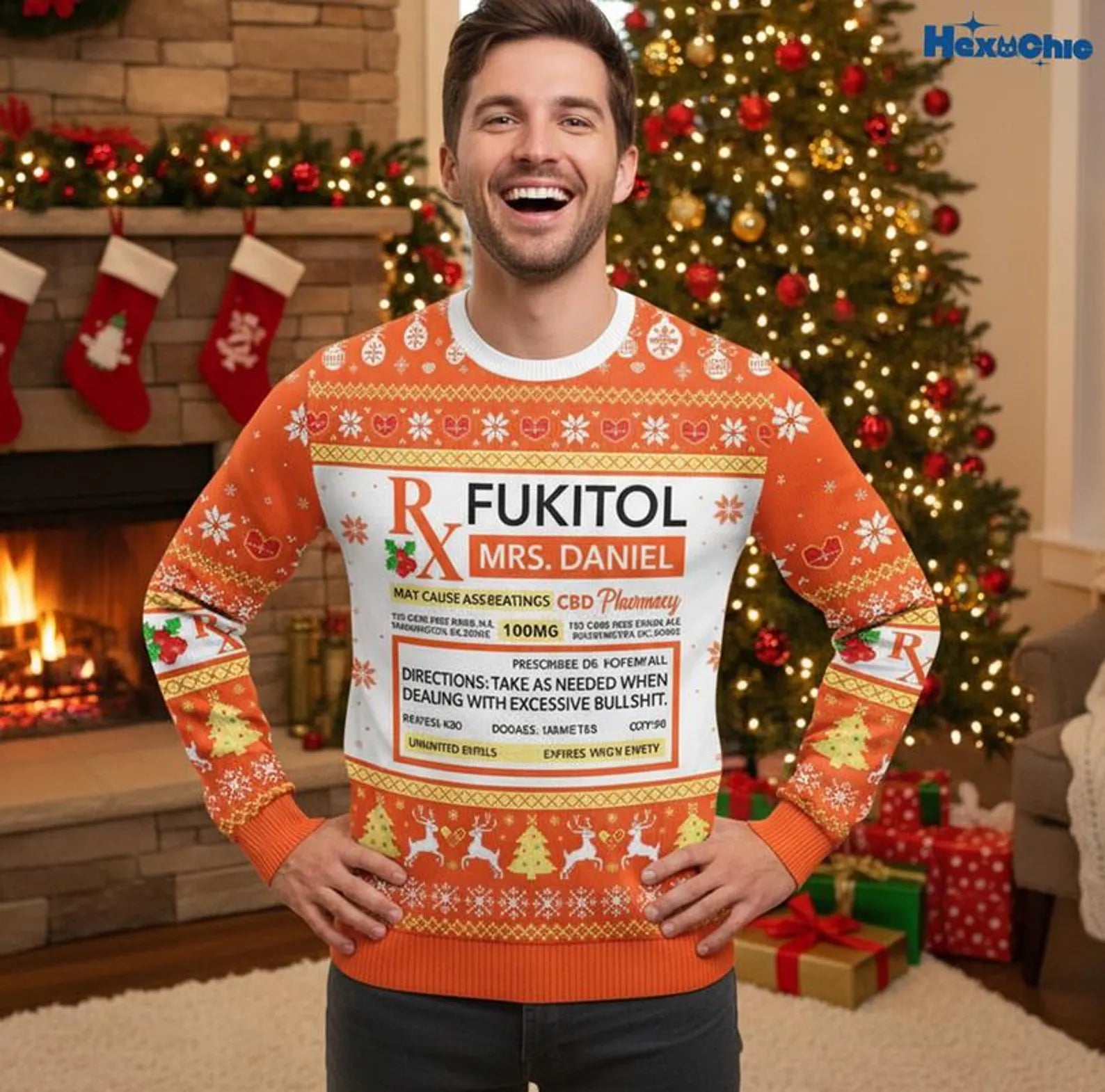 Pharmacy Medicine Cosplay Christmas Sweatshirt, Personalized Fukitol Rx Prescription Ugly Christmas Sweater, Christmas Shirt Gift For Nurse With Custom Name