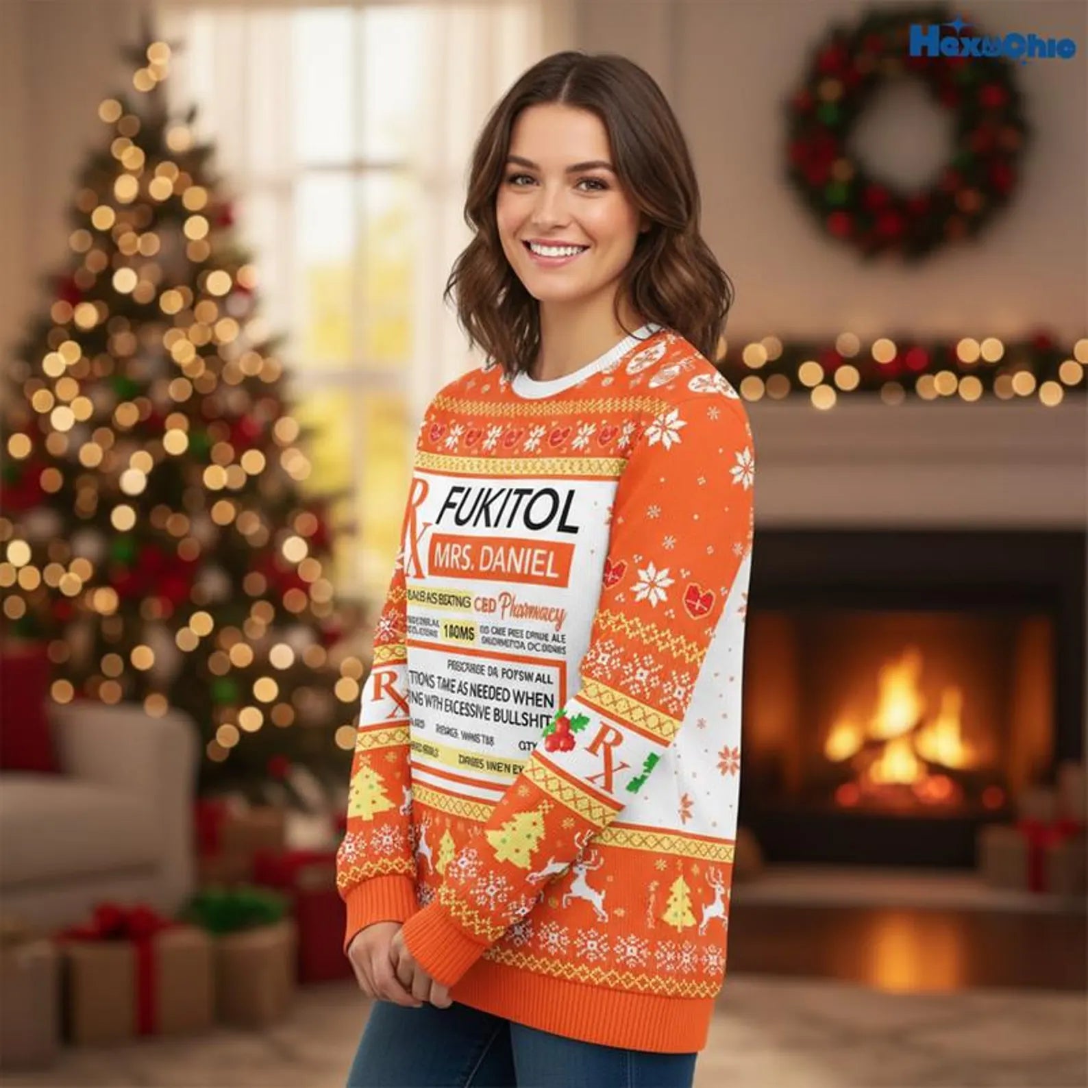 Pharmacy Medicine Cosplay Christmas Sweatshirt, Personalized Fukitol Rx Prescription Ugly Christmas Sweater, Christmas Shirt Gift For Nurse With Custom Name