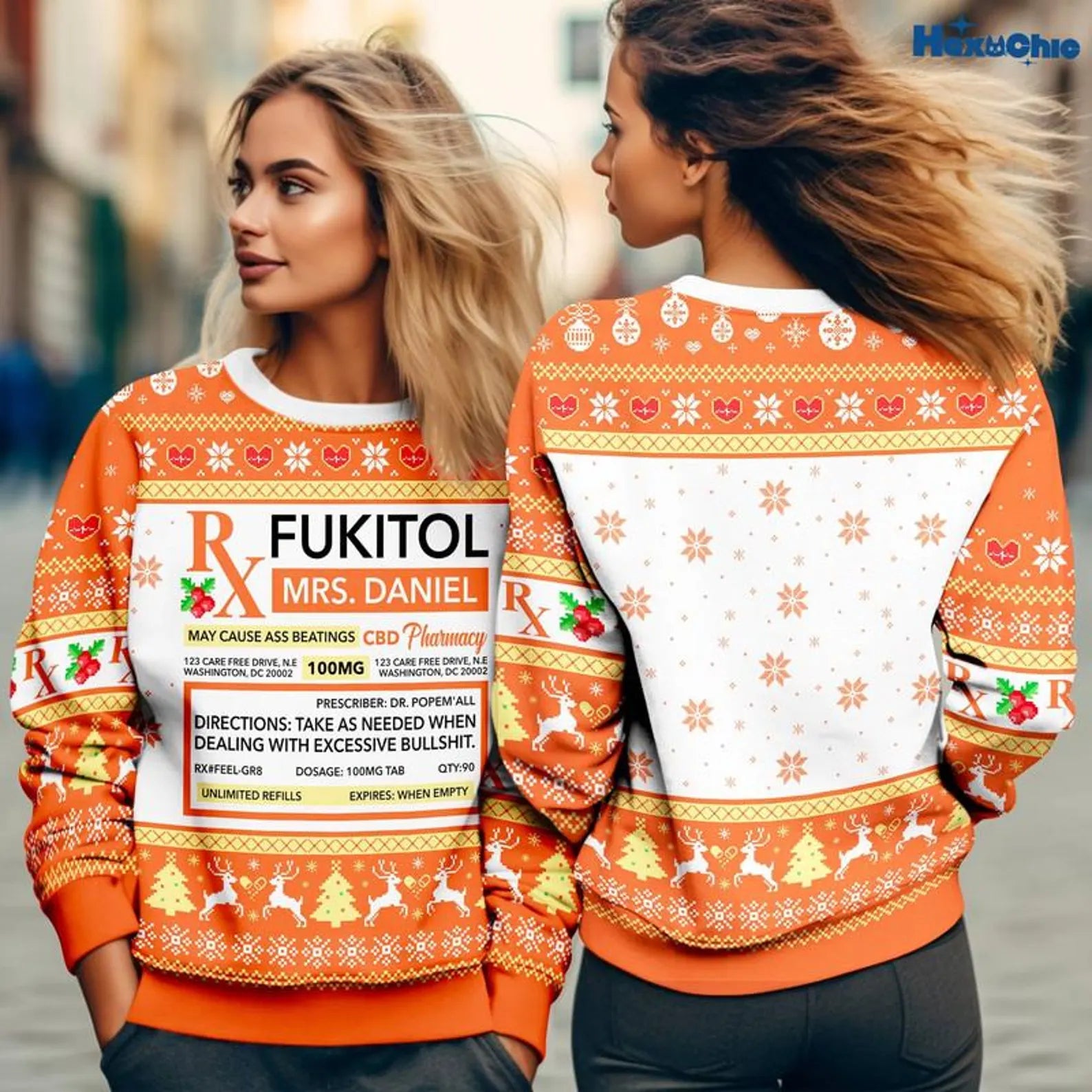 Pharmacy Medicine Cosplay Christmas Sweatshirt, Personalized Fukitol Rx Prescription Ugly Christmas Sweater, Christmas Shirt Gift For Nurse With Custom Name