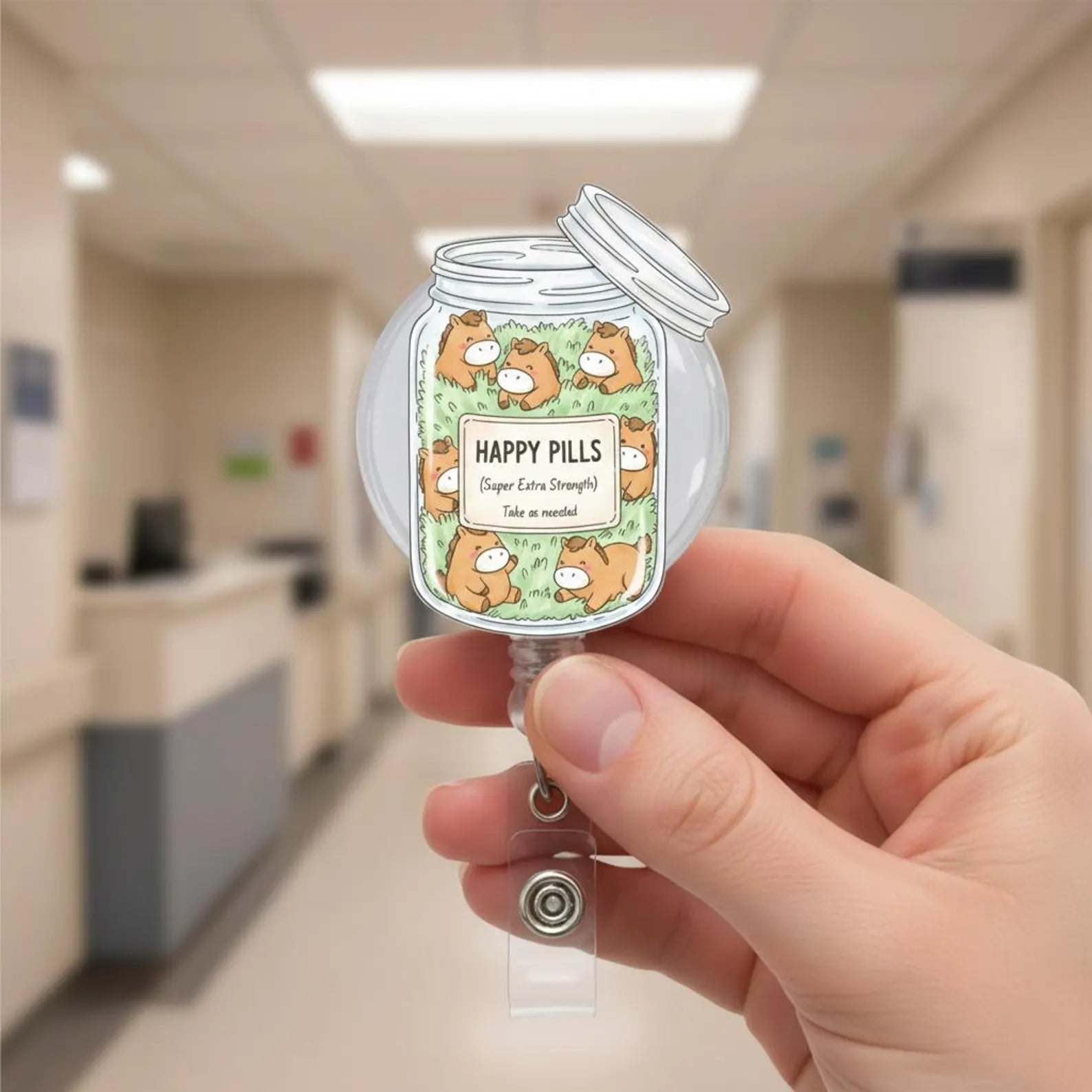 Happy Pills Label Acrylic Badge Reel, Retractable ID Holder For Nurse, Gift For Nursing