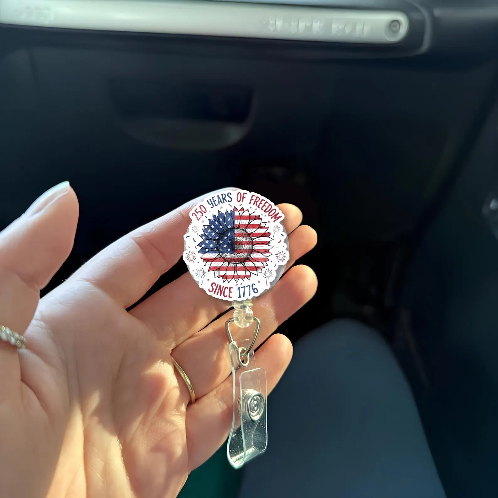 Patriotic Sunflower Badge Reel, American Flag Retractable Badge Reel, USA 250th Birthday Gift For Nurse